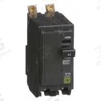 SQUARE D Miniature Circuit Breaker: 45 A, 120/240V AC, Single Phase, 10kA at 120/240V AC, 2 Poles (MPN QOB245). Key specifications — Phase: Single; Amps: 45 A; AC Voltage Rating: 120/240V AC; Max. AIR Rating: 10kA at 120/240V AC; For Use With: Square D NQOD Panelboards; Brand: SQUARE D.