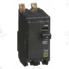 SQUARE D Miniature Circuit Breaker: 45 A, 120/240V AC, Single Phase, 10kA at 120/240V AC, 2 Poles (MPN QOB245). Key specifications — Phase: Single; Amps: 45 A; AC Voltage Rating: 120/240V AC; Max. AIR Rating: 10kA at 120/240V AC; For Use With: Square D NQOD Panelboards; Brand: SQUARE D.