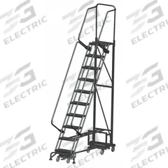 BALLYMORE Rolling Ladder: 5.8 ft Platform Ht, Unassembled, Steel, Wt-Actuated Step Lock, Antislip (MPN NAV-7RS). Key specifications — Folding: Not Foldable; Color: Gray; Brand: BALLYMORE; Handrail Configuration: Double Handrails.