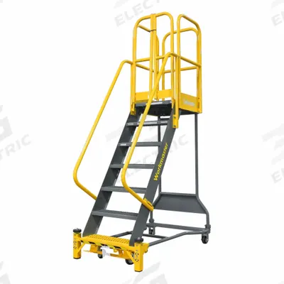 COTTERMAN Rolling Ladder: 6.7 ft Platform Ht, Partially Assembled, Foot-Activated Step Lock - Steel Safety Cage Rolling Ladders