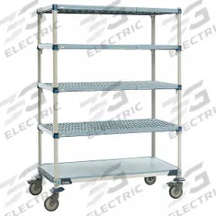 METRO Plastic Shelving: 50 in x 20 in, 79 in Overall Ht, 5 Shelves, NSF Approved (MPN 5Q357EG3). Key specifications — attr36820: Antimicrobial; Corrosion-Resistant; attr36821: Standalone; attr33729: METRO; attr36813: Yes; attr36815: 5; attr36810: (2) Swivel Casters; attr36812: Polymer.