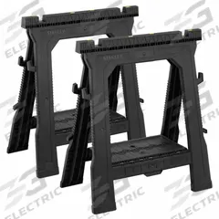 STANLEY Folding Sawhorse: Fixed Ht, Plastic, 27 3/20 in Overall Wd, 2 PK (MPN 060864R). Key specifications — Height Adjustability: Fixed Height; Brand: STANLEY; Portability: Fold-Up Legs; Top Material: Plastic; Included Components: No Additional Components; Clamping System: Built-In V-Grooves; Assembly: Fully Assembled; Display Sell UOM: PK.