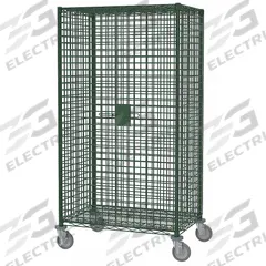 METRO Security Cart: 900 lb, 36 in L x 18 in W Self, 41 in L x 22 in W x 69 in H Overall Dim, Green (MPN SEC33EK3). Key specifications — Shelf Type: Adjustable; Caster Brake Type: Side Pedal Brake; Brand: METRO; Caster/Wheel Configuration: (2) Swivel with Brake; Shelves Included: None.