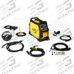 ESAB Multiprocess Welder: Rebel EMP 205ic, DC, MIG/Stick/TIG Pack (MPN 0558102553). Key specifications — Maximum Amperage (Stick): 180 A; Maximum Amperage (TIG): 205 A; Input Voltage (Nominal) (Merch - Table Column, Filters): 230V.