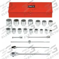 PROTO Socket Set: 1 in Drive, 22 Piece, 12-Point, SAE, 1 1/2 in to 3 1/2 in (MPN J57102A). Key specifications — attr1224269: 1 in; attr1204638: Drive Tools Included; attr1204650: 1-1/2 in to 3-1/2 in; attr1204673: Socket Bits Not Included; attr1204681: Wrenches Not Included; attr1204688: PROTO; attr1206170: Standard Sockets.