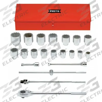 PROTO Socket Set: 1 in Drive, 22 Piece, 12-Point, SAE - SAE Socket Sets with Drive Tools