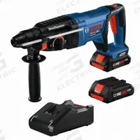 BOSCH Cordless Rotary Hammer: D-Handle, 18V DC, SDS-Plus, 1 in max, 4.0 Ah, 1.9 ft-lb, 4,350 bpm (MPN GBH18V-26DK25). Key specifications — attr113858: 18V DC; attr113796: BOSCH; attr113808: 0 bpm to 4,350 bpm; attr113803: Yes; attr113838: Hammer and Rotate; attr113809: Yes; attr113815: (1) GBH18V-26D 18V EC Brushless SDS-plus® Bulldog™ 1 In. Rotary Hammer(2) GBA18V40 18V CORE18V Lithium-Ion 4.0 Ah Compact Batteries(1) 18V Charger(1) Auxiliary Handle(1) Depth Gauge(1) Carrying Case.