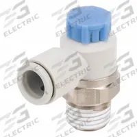 SMC Speed Control Valve: Elbow Fitting, Knob, 1/4 in/1/8 in Valve Body Size, 8 mm Tube, Meter In (MPN AS2211F-02-08SA). Key specifications — attr947203: Brass/PBT; attr947205: SMC.
