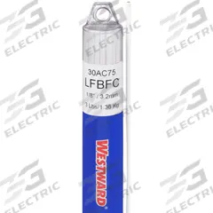 WESTWARD Brazing Alloy: Low-Fuming Bronze, 0%, RBCuZn-C, 1/8 in x 36 in, Flux-Coated, 20 PK (MPN 30AC75). Key specifications — Tensile Strength: 71 ksi; Yield Strength: 64 ksi; Manufacturer Part Number: 30AC75; Brand: WESTWARD; pack-container: 20/pk.