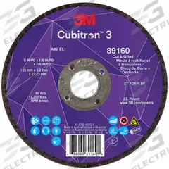 3M CUBITRON 3 Cut-Off and Grinding Wheel: Type 27, 5" x 1/8" x 7/8", Ceramic, 36 Grit (MPN 89160). Key specifications — Brand: 3M CUBITRON 3.