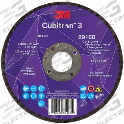 3M CUBITRON 3 Cut-Off and Grinding Wheel: Type 27, 5" x 1/8" x 7/8", Ceramic - Cool-Cutting Combination Wheels for Carbon & Stainless Steel