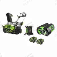 EGO Dual Port Snow Blower 21" , battery: 200° Chute Turning Radius, Cordless, Remote Joystick, 5 Ah (MPN SNT2112 + BA2800T). Key specifications — Battery Capacity: 5 Ah; Speed Settings: Variable; Includes: (2) 5 Ah Batteries; Brand: EGO.