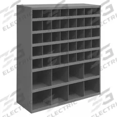 DURHAM MFG Pigeonhole Bin Unit: 34 in x 12 in x 42 in, 48 Compartments, 12 in, Gray, Steel (MPN 399-95). Key specifications — attr7229: Steel; attr38869: DURHAM MFG; attr38873: Gray.