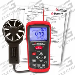 TRIPLETT Anemometer: 1 fpm Air Velocity Resolution, Rotating Vane, Air Flow/Air Velocity/Temp, NIST (MPN AM320-NIST). Key specifications — Vane Material: Plastic; Calibration Certificate Type: NIST; Data Logging: No; Manufacturer Part Number: AM320-NIST; Brand: TRIPLETT; Temperature Accuracy: +/ 6.0°; Digital Display Screen Type: LCD; Display Type: Digital.