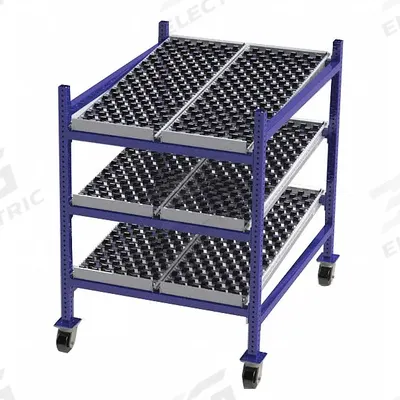 UNEX FLOW CELL Gravity Flow Rack: 36 in x 48 in x 54 in, Tilt, 3 Shelves - Skate Wheel Track Bolted Mobile Flow Racks
