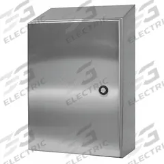 WIEGMANN Sloped Top Enclosure: 304 Stainless Steel, 30 in x 30 in x 8 in, NEMA 12/13/3R/4/4X, Hinged (MPN N412303008CSSST). Key specifications — Brand: WIEGMANN; Closure Method: 1/4-Turn Latch; Enclosure Material: 304 Stainless Steel; Knockouts: Not Included.