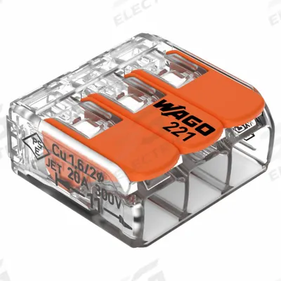 WAGO Lever Wire Connector: 3 Port, 24 AWG – 12 AWG Solid Wire Size Range, 32 A - Compact Lever Wire Connectors
