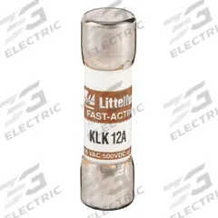 LITTELFUSE Fuse: KLK Series, Midget, Fast-Acting, 12 A, 600 V AC, 500 V DC, 13/32 in x 1 1/2 in (MPN KLK012). Key specifications — attr1287209: KLK; attr211192: LITTELFUSE.