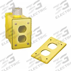 HUBBELL WIRING DEVICE-KELLEMS Portable Outlet Box: Portable Outlet Box, 1 Gangs, 1/3R, Yellow (MPN HBLPOB1DY). Key specifications — Color: Yellow; Brand: HUBBELL WIRING DEVICE-KELLEMS.