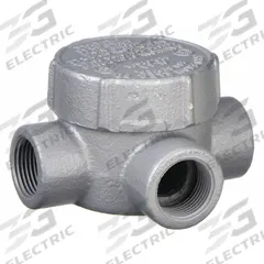 Conduit Outlet Body: Iron, GRJ, 1/2 in Trade Size, T Body, 7.3 cu in Body Capacity (MPN GRJT50). Key specifications — Series: For Round Body; Compatible Conduit Trade Size: 1/2 in; Thread Gender: Female; Hub Style: Threaded; Cover Included: Yes; Body Style: T; Connection Type: Threaded; Back Type: Round.
