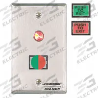 SECURITRON Exit Push Button: 4 1/2 in Ht, 5/8 in Dp, 2 3/4 in Wd, ADA Compliant, Green/Red (MPN PB3). Key specifications — Color: Green; Product Type: Exit Push Button; Operation Type: Push Button; ADA Compliant: Yes; Brand: SECURITRON.