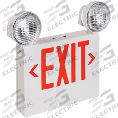 Exit Sign with Emergency Lights: White, 1 or 2 Faces, Red, LED, Ceiling/Wall, Lead Calcium (MPN 2DZF-PAR-RW). Key specifications — Voltage: 120/277V AC; Self Diagnostics: No; Housing Color: White; Brand: BIG BEAM; Directional Indicators: Universal Field Selectable Chevrons; Lighting Technology: LED; Remote Capable: No; Text Color: Red.