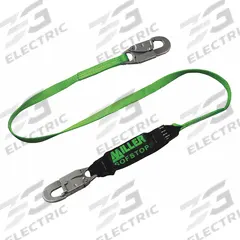 MILLER BY PIP Shock-Absorbing Lanyard: Shock Pack, Steel Snap Hook, Steel Snap Hook, 310 lb Capacity (MPN 913TWLS-Z7/6FTGN). Key specifications — Brand: MILLER BY PIP; Color: Black; Visual Load Indicator: Yes; Shock-Absorbing Lanyard Material: Polyester.