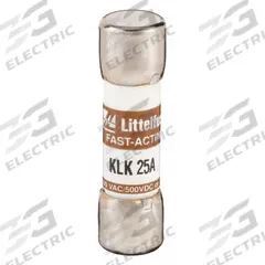 LITTELFUSE Fuse: KLK Series, Midget, Fast-Acting, 25 A, 600 V AC, 500 V DC, 13/32 in x 1 1/2 in (MPN KLK025). Key specifications — attr1287209: KLK; attr211192: LITTELFUSE.