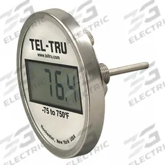 TEL-TRU Digital Thermometer: 2.5 in Stem Lg, -75°F to 750°F, ±0.5°F/0.3°C, 1/2 in Thread Size, NPT (MPN ND5BB09111-P22026). Key specifications — Thread Type: NPT; Brand: TEL-TRU; Accuracy: ±0.5 °F/0.3 °C.