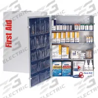 AMERICAN RED CROSS First Aid Kit and Housing: Industrial, 150 People Served, 1,060 Components, Metal (MPN 711248). Key specifications — Adhesive Bandages Included: (40) Knuckle Bandages; Application: Industrial; Brand: AMERICAN RED CROSS; Housing Color: White; Housing Material: Metal; Includes Oral or Inhalant Medication: Medication Included; Mountable: Wall Mount; Oral and Inhalant Medicinals Included: (300) Aspirins.