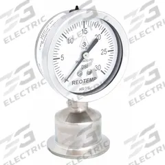 REOTEMP Pressure Gauge: 0 psi to 30 psi, 2 1/2 in Dial, 1 1/2 in Tri-Clamp, Bottom, ±2.00% Accuracy (MPN SG25ATC15P16). Key specifications — Brand: REOTEMP; Case Material: 304 Stainless Steel; Lens Material: Plastic; Pressure Gauge Type: Sanitary Pressure Gauge; Accuracy: ±2.00%; Includes Calibration Certificate: No; Series: SG; Vibration Resistance: Corrosion Resistant.