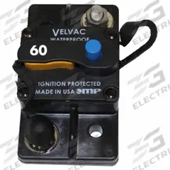 Automotive Circuit Breaker: Type III, 30V DC, 3 kA at 30V DC, Blade (MPN 091005). Key specifications — Series: Type III; Voltage: 30V DC; Interrupt Rating: 3 kA at 30V DC; Terminal Connection: Blade; Circuit Breaker Type: Hi-Amp Circuit Breaker; Brand: VELVAC.