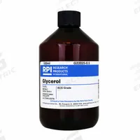 RPI Glycerol, ACS Grade: 500 mL Volume, ACS, Liquid, Plastic (MPN G22025-0.5). Key specifications — Form: Liquid; Special Information: Used in casting gradient gels, as a protein stabilizer and storage buffer component.; Brand: RPI; Chemical Grade: ACS; Container Material: Plastic.