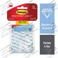 COMMAND Hook: 4 lb Wt Capacity, 1 Points per Hook, Clear, 3 11/32 in Overall Ht, 3 PK (MPN 17093CLR-3AES). Key specifications — Brand: COMMAND; Color: Clear.