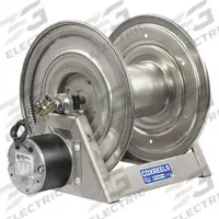 COXREELS Electric Motor Driven Hose Reel: 100 ft (1/2 in I.D.), 17 5/8 in L x 18 in W x 19 3/4 in H (MPN 1125-4-100-E-SP). Key specifications — Motor Type: 1/3 HP 12VDC Motor; Swivel Material: Stainless Steel; Hose Capacity: 100 ft (1/2 in I.D.); Overall Dimensions: 17-5/8 in L x 18 in W x 19-3/4 in H; Brand: COXREELS.