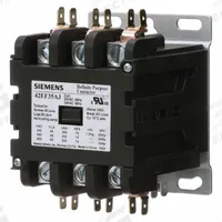SIEMENS Definite Purpose Contactor: 3 Poles, 24V AC, 60 A, Non-Reversing, Std Contactor Frame Size (MPN 42EF35AJ). Key specifications — Brand: SIEMENS; Coil Voltage: 24V AC; Mounting Style: Surface; Terminal Connection Type: Quick Disconnect and Screw/Box Lug; Maximum Voltage Rating: 600V AC; Series: 42 Series; Phase: Three; Main Pole Contact Form: 3NO.