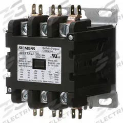 SIEMENS Definite Purpose Contactor: 3 Poles, 24V AC, 60 A, Non-Reversing, Std Contactor Frame Size (MPN 42EF35AJ). Key specifications — Brand: SIEMENS; Coil Voltage: 24V AC; Mounting Style: Surface; Terminal Connection Type: Quick Disconnect and Screw/Box Lug; Maximum Voltage Rating: 600V AC; Series: 42 Series; Phase: Three; Main Pole Contact Form: 3NO.