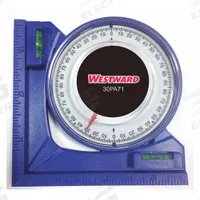 WESTWARD Angle Finder: 3 Quadrants, 3 1/2 in Base Lg, Magnetic, Degrees, 2 in Overall Ht, 0°to 90° (MPN 30PA71). Key specifications — attr936230: Plastic; attr936214: 0.5°; attr936215: WESTWARD; attr940475: Polystyrene; attr936853: 1 Level & 1 Plumb.
