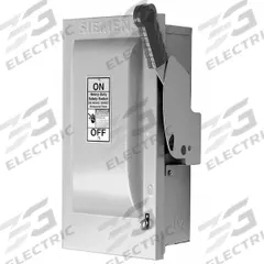 SIEMENS Safety Switch: Fusible, 30 A, Three Phase, 600V AC, Galvanized Steel, Indoor (MPN HF361N). Key specifications — Brand: SIEMENS.