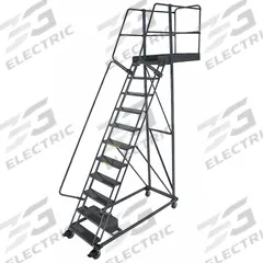 BALLYMORE Rolling Cantilever Ladder: 9.2 ft Platform Ht, Unassembled, Locking Casters, Steel (MPN CL-11-42-P). Key specifications — attr1051489: Gray; attr1051483: BALLYMORE; attr1051499: Double Handrails; attr1051504: Steel.