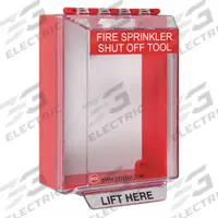 SAFETY TECHNOLOGY INTERNATIONAL Universal Stopper: Wall Mount, Surface Mount Mounting, Clear/Red (MPN STI-14200NR-Z002). Key specifications — Legend: FIRE SPRINKLER SHUT OFF TOOL; Color: Red; Brand: SAFETY TECHNOLOGY INTERNATIONAL; Mounting Style: Surface Mount; Mounting Location: Wall Mount; Product Type: Sprinkler Shutoff Guard.