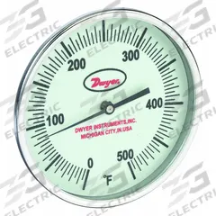 DWYER Glow-in-the-Dark Dial Thermometer: 0°F to 500°F, +/- 1% Accuracy, 5 in Dial Dia, Male (MPN GBTB540161). Key specifications — Accuracy: +/- 1%; Brand: DWYER.