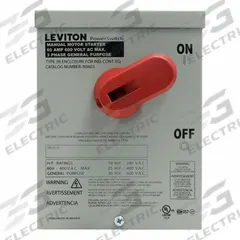 LEVITON Manual Motor Controller: 3 Poles, 60 A, 3R NEMA Rating, Non-Metallic Enclosure (MPN N3603). Key specifications — Brand: LEVITON; Maximum Voltage Rating: 600V AC; Mounting Style: Surface; Pilot Light: Not Included.