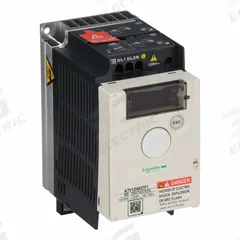 SCHNEIDER Variable Frequency Drive: In Phase Single, Out Phase Three, 11/20 hp, IP20, No Bypass (MPN ATV12H037F1). Key specifications — Style: Heat Sink; Color: Black/Blue/Gray; Output Voltage: 200-240V AC; Output Phase: Three.