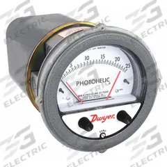 DWYER Differential Pressure Gauge & Switch: Single-Side, 1/8 in NPT Female, ±2% Gauge Accuracy (MPN A3025). Key specifications — Sensor Type: Diaphragm; Series: A3000 Photohelic; Housing Material: Die Cast Aluminum; Certificate of Calibration: Not Included; Gauge Accuracy: ±2%.