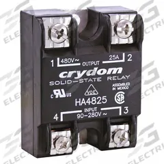 CRYDOM Solid State Relay: Surface Mounted, 25 A Max Output Current, SCR, AC Output (MPN HA4825E). Key specifications — Brand: CRYDOM; Current Type: AC; Electrical Connection: Screw Clamp; Finger Safe: No; Input Current: 10 mA; Input Voltage: 18-36 VAC; Maximum Output Current without Heat Sink: 12 A; Mounting Style: Panel.