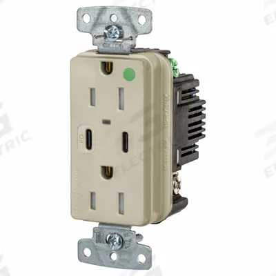 HUBBELL Receptacle: Duplex, 5-15R, 2 USB Ports, USB Type A/C, Ivory, 125V AC - Hospital-Grade Receptacles with USB Chargers