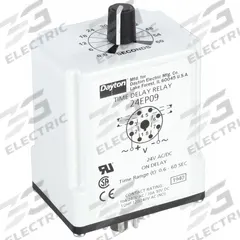 DAYTON Single Function Time Delay Relay: Socket Mounted, 24V AC/DC, 10 A, 8 Pins/Terminals, On Delay (MPN 24EP09). Key specifications — Brand: DAYTON.