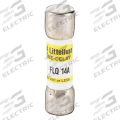 LITTELFUSE Fuse: FLQ Series, Midget, Time-Delay, 14 A, 500 V AC, 300 V DC, 13/32 in x 1 1/2 in (MPN FLQ014). Key specifications — Series: FLQ; Brand: LITTELFUSE.