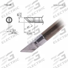 HAKKO Soldering Tip: T39 Series, Knife, 5 mm W, 11 mm Lg, 0.2 in OD (MPN T39-KR). Key specifications — Brand: HAKKO; Compatible Handpiece Manufacturer Model Number: FX-9701; Manufacturer Part Number: T39-KR.